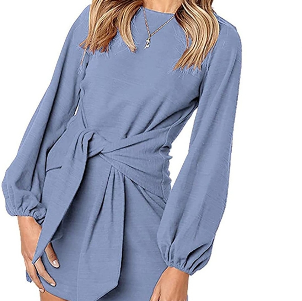 Knit Lantern Sleeve Crewneck Short Dress with Tie Waist